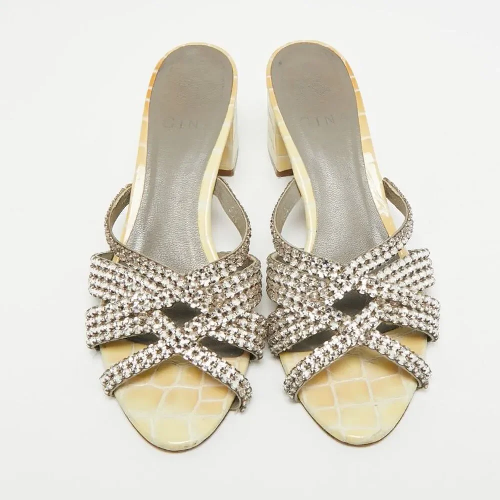 Gina Size 36.5 Cream/green Patent Leather Slide Sandals - Picture 3 of 7